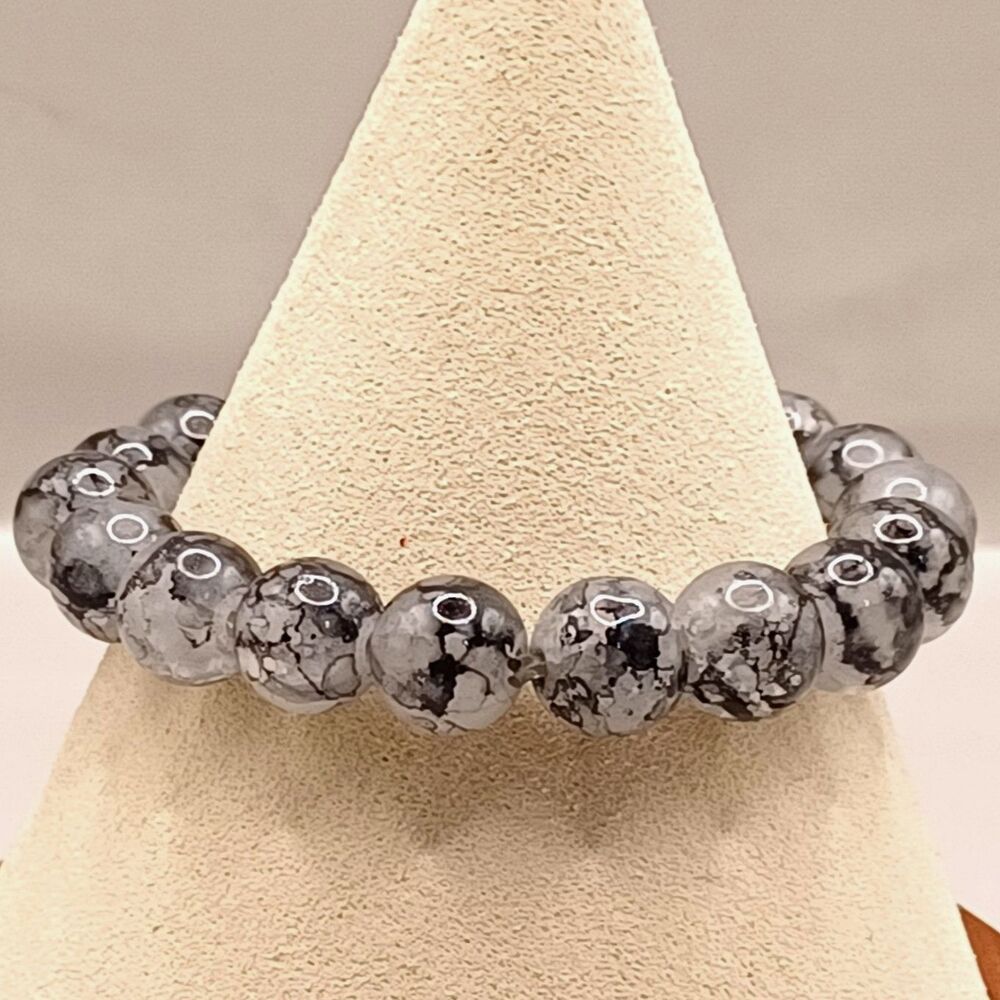 Vintage Natural Stone Beads of Black, Gray an White Snowflake Patterned Bracelet